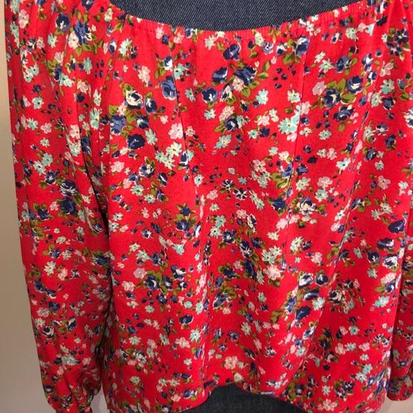 Forever 21 Floral Print Red Elastic Hem Boho Top - Picture 4 of 6